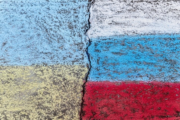 Oekraïne, Rusland, vlag, kleuren, verf, graffiti, tekening, tekening krijt, grunge, textuur