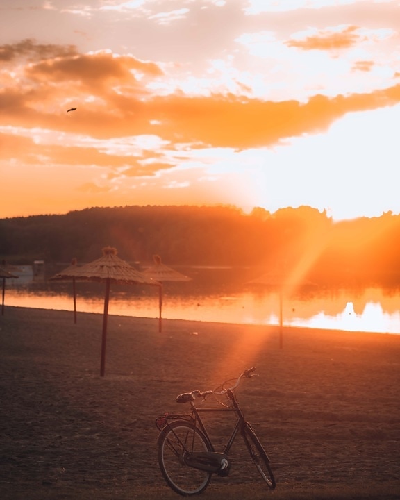 puesta de sol, sol, parasol, Luz del sol, frente a la playa, brillante, bicicleta, sol, estrella, agua