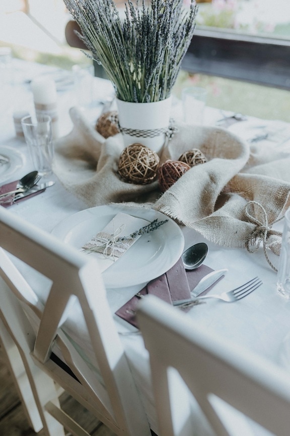 fancy, tableware, tablecloth, table, elegant, interior decoration, restaurant, silverware, vase, still life