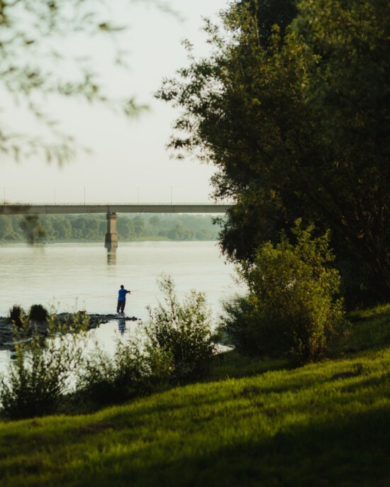 pesca, pescador, orilla del río, distancia, río, Danubio, agua, paisaje, césped, lago