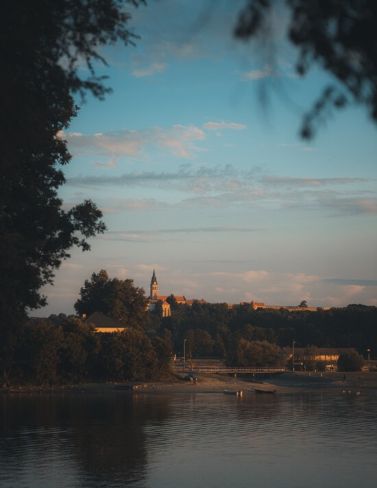 kirketårnet, fæstning, bakketop, Kroatien, floden, Donau flod, daggry, solnedgang, solen, søen