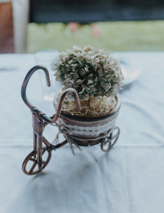 em miniatura, triciclo, fio, feito à mão, ainda vida, arte-final, cobre, decoração, vaso de flor, cesta