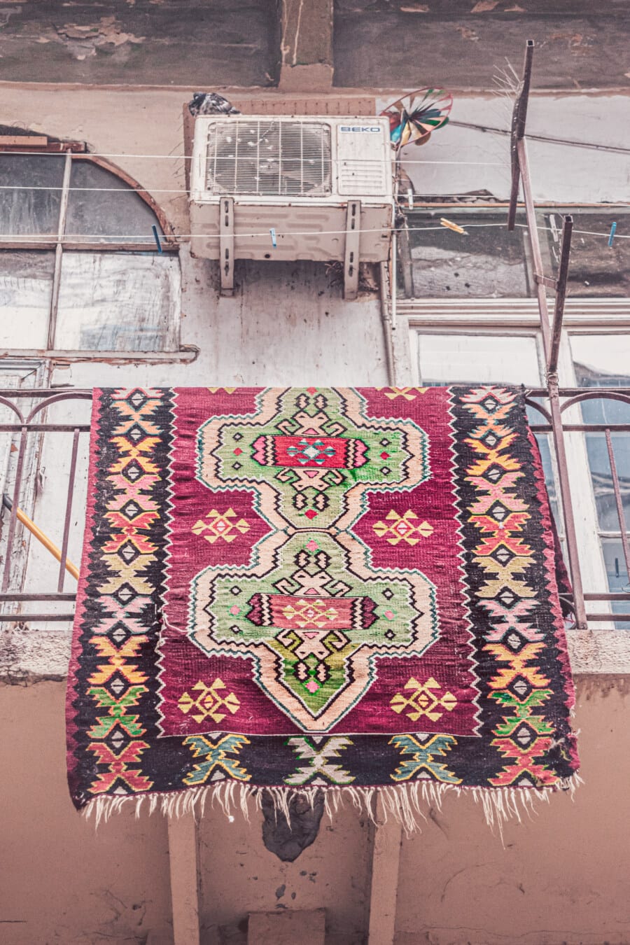 rug, arabic, oriental, hanging, balcony, terrace, house, decay, vintage, style