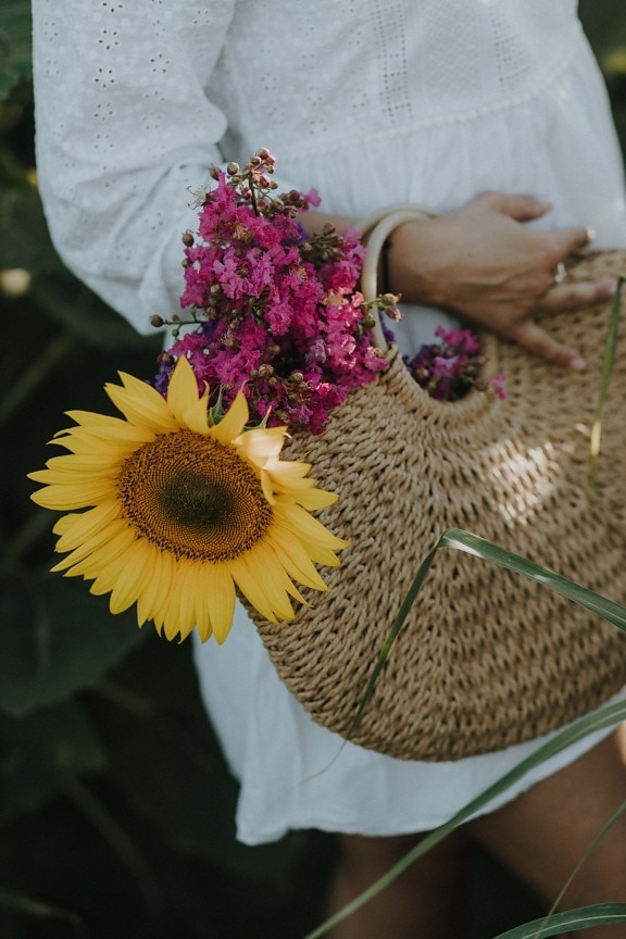 young woman, villager, hold, handbag, wicker, sunflower, flower, woman, basket, bouquet