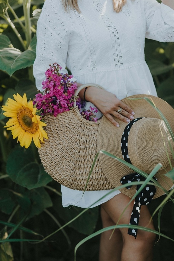 old fashioned, white, dress, villager, wicker basket, handbag, young woman, sunflower, straw hat, flower