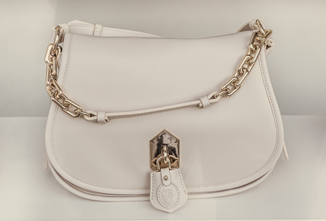 blanc, sac à main, en cuir, lueur dorée, chaîne, cadenas, coûteux, luxe, déguisement, mode