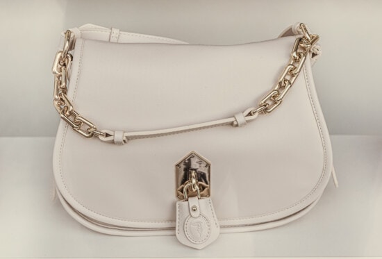 blanco, bolso, cuero, resplandor de oro, cadena, candado, costoso, lujo, lujoso, moda
