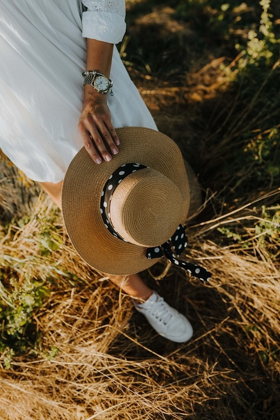 old fashioned, hat, pretty girl, young woman, white, dress, straw, hay, people, outdoors
