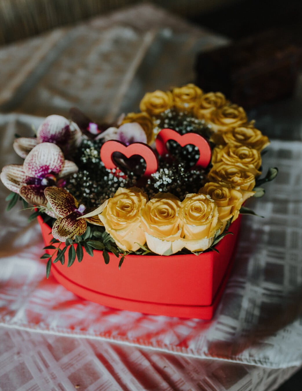gift, Valentine’s day, bouquet, still life, heart, arrangement, roses, orange yellow, decoration, birthday