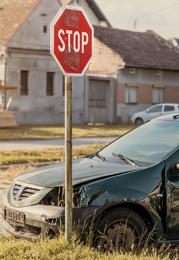 emergency, car, accident, sign, stop, danger, wreck, damage, abandoned, classic