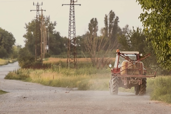 tractor, road, rural, countryside, field work, agriculture, vehicle, machine, tree, soil