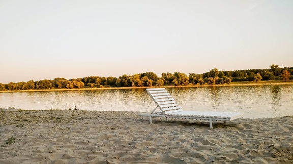 summer season, beach, chair, white, riverbank, sand, lakeside, water, lake, shore