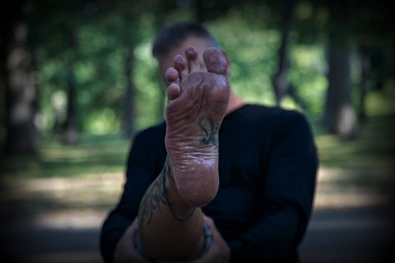 barefoot man standing, dirty feet, skin, tattoo, foot, ring, skincare