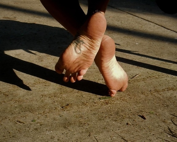 barefoot, feet, concrete, shadow, legs, tattoo, foot, outdoors, man, dirt