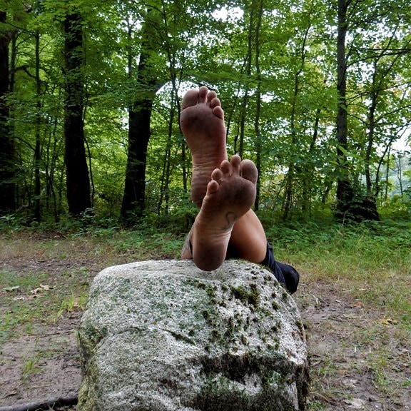 barfot, Ben, foten, balanse, steinblokk, skog, skitne, tå, natur, føtter