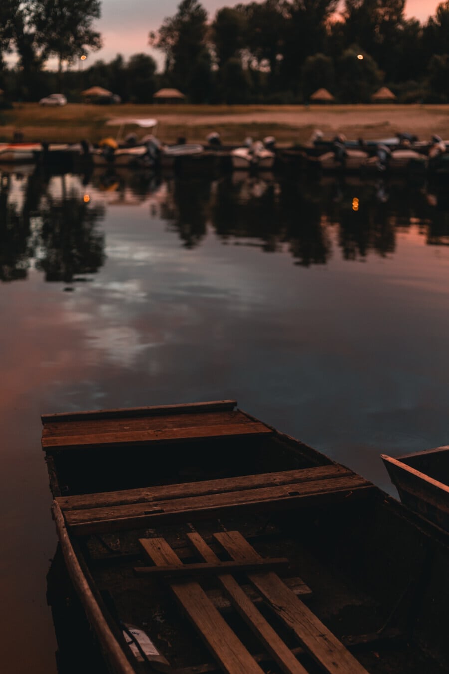 деревянные, лодка, темный, коричневый, вода, река, рассвет, озеро, отражение, на открытом воздухе