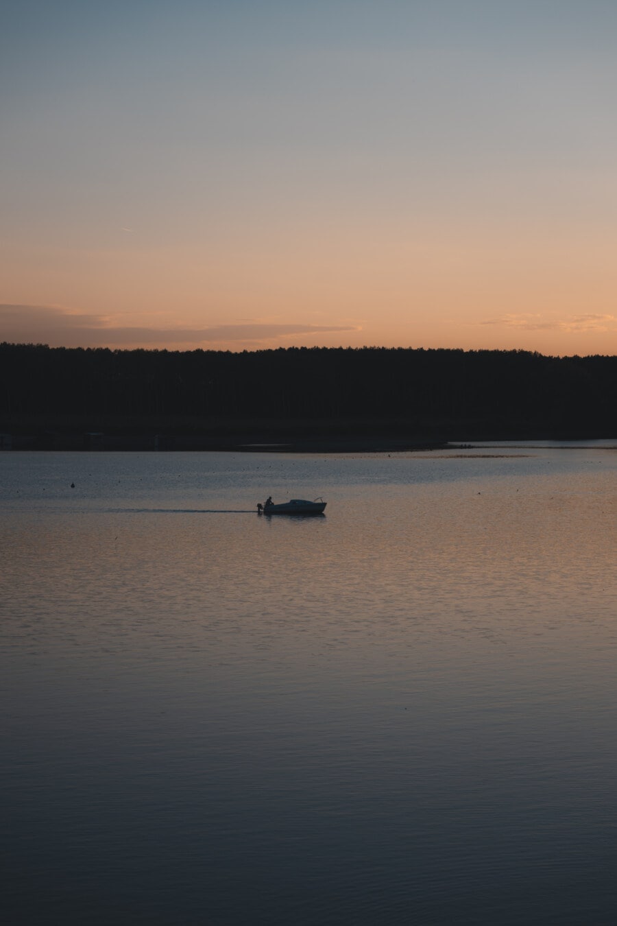 distance, fishing boat, silhouette, dusk, lakeside, water, sunset, lake, dawn, boat