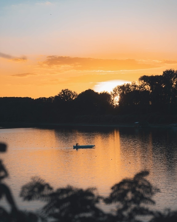 sunrise, fisherman, boat, water, placid, sun, sunset, lake, dawn, reflection