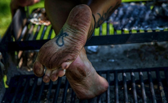 tattoo, foot, finger, ring, stairs, metal, barefoot, feet, close-up, dirty