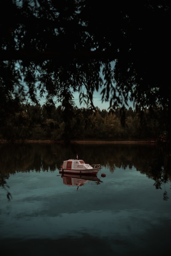 dusk, yacht, small, floating, calm, water level, lake, water, shore, lakeside