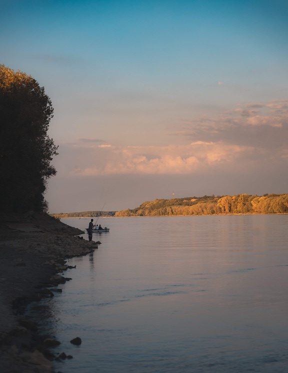 fisherman, fishing, fishing rod, fishing boat, riverbank, dawn, shore, landscape, beach, evening
