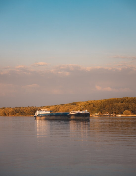 barge, cargo ship, Danube, sunny, riverbank, river, water, landscape, nature, evening