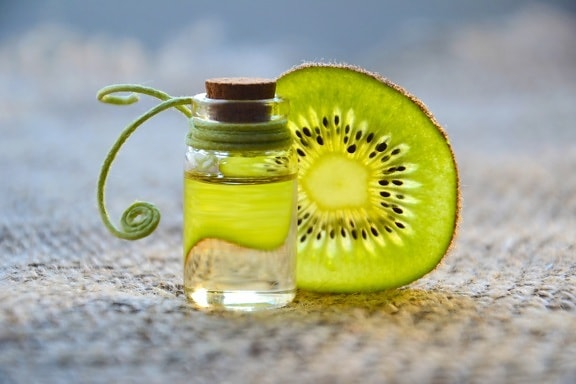 Kiwi, eterisk olja, flaska, medicin, kosmetiska, glas, olja, grön, frukt, naturen