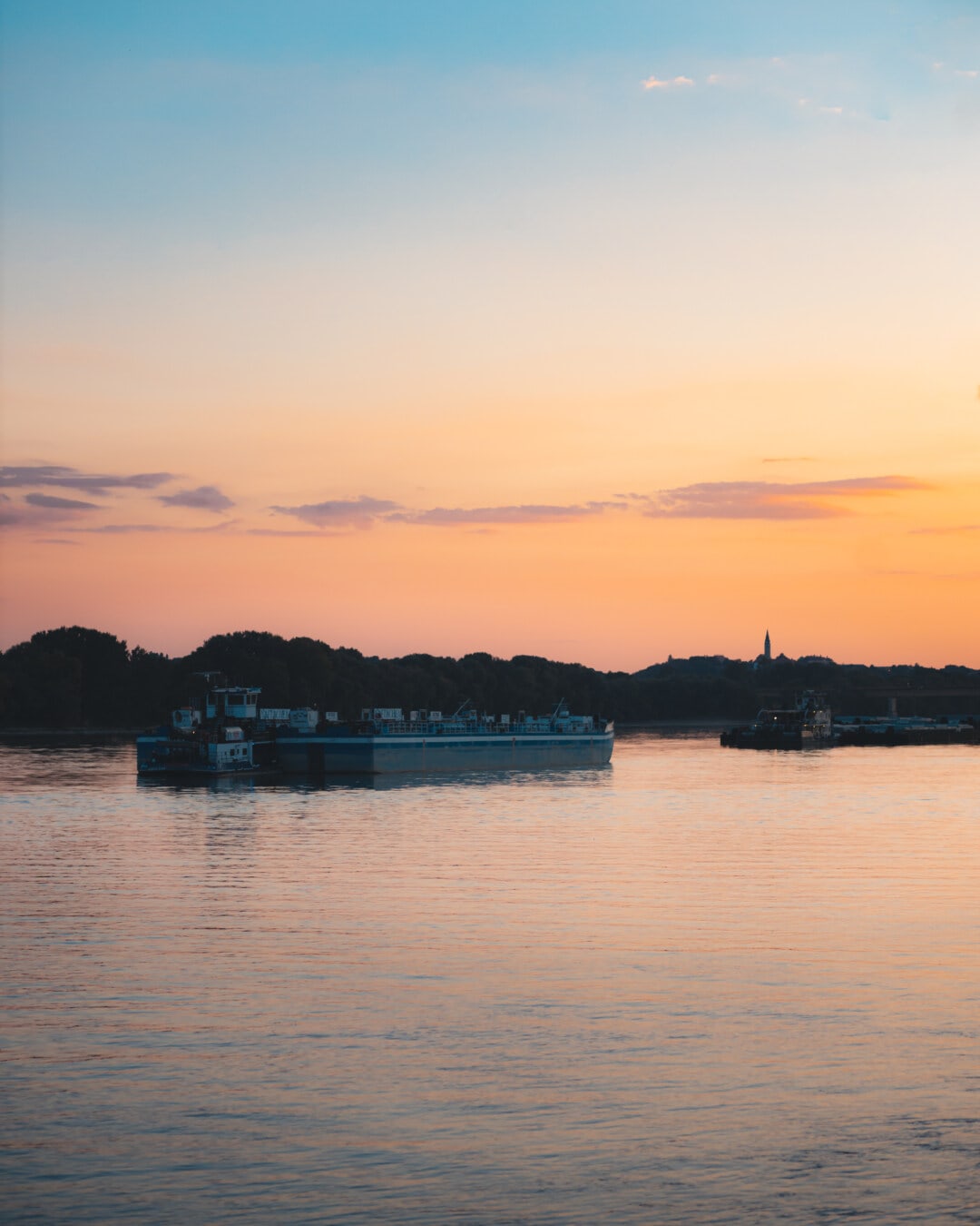 shipping, sunset, ship, barge, dawn, landscape, water, lake, reflection, dusk