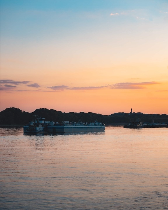 shipping, sunset, ship, barge, dawn, landscape, water, lake, reflection, dusk