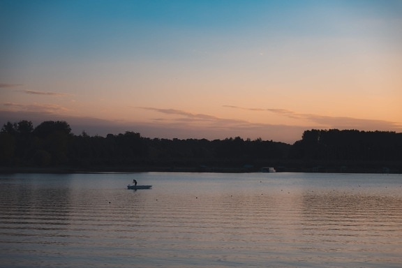 dusk, fishing boat, calm, landscape, distance, reflection, water, sunset, lake, dawn