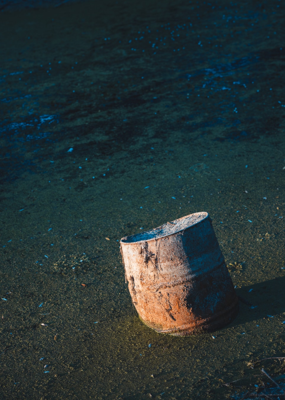 barrel, water pollution, garbage, metal, pollution, water system, container, water, rust, old