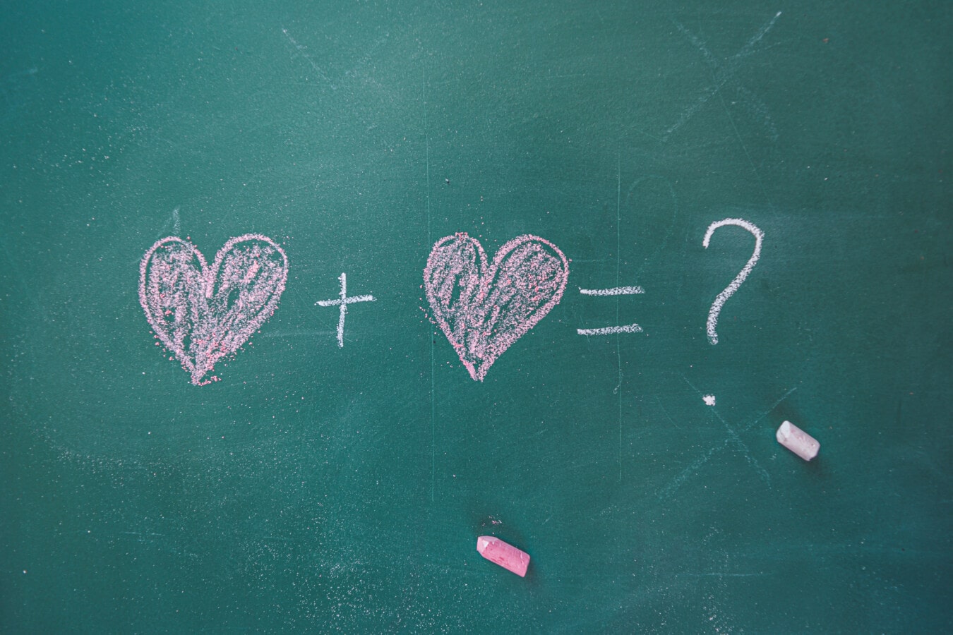 hearts, mathematics, question mark, chalk, blackboard, drawing chalk, love, writing, display, creativity
