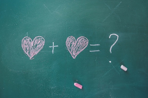 hearts, mathematics, question mark, chalk, blackboard, drawing chalk, love, writing, display, creativity