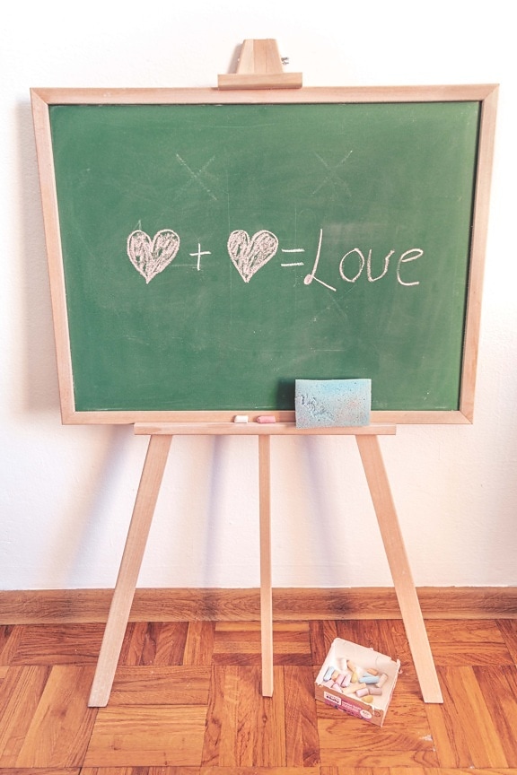 disegno di gesso, lavagna, amore, matematica, cuore, messaggio, gesso, tavola, in legno, scrivere