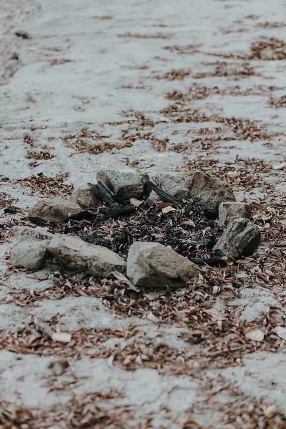 charcoal, campfire, ash, soil, stones, ground, rock, nature, pollution, garbage