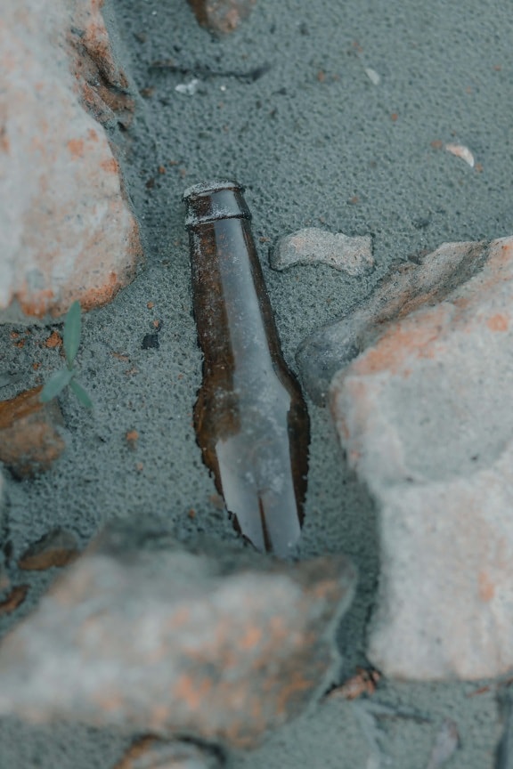 empty, brown, bottle, wet, sand, garbage, waste, dirty, stone, abandoned