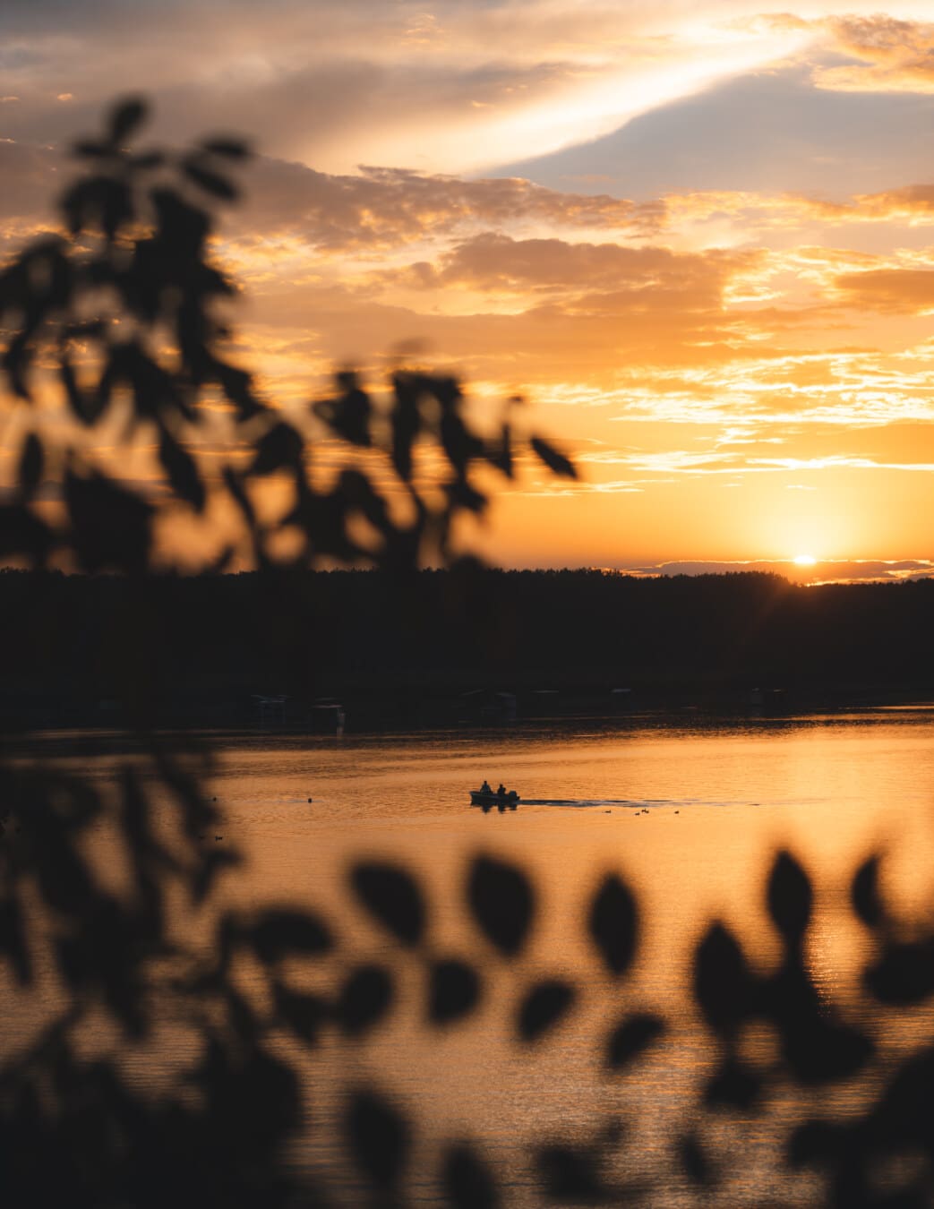 sunset, lake, lakeside, distance, silhouette, boat, dawn, water, sun, dusk