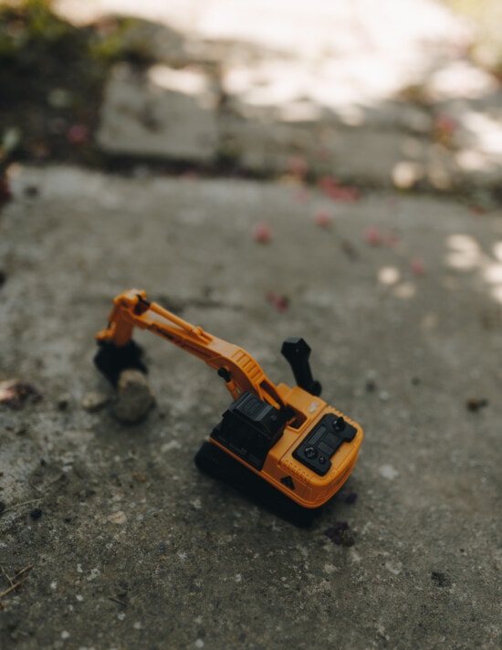 toy, bulldozer, excavator, miniature, toys, plastic, tool, equipment, machine, gravel