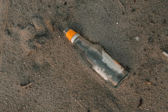 bottle, empty, transparent, glass, waste, soil, pollution, garbage, sand, dust
