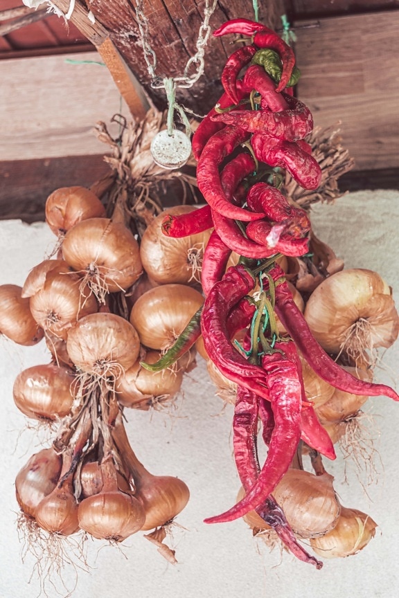 droog, chili peper, plantaardige, ui, organische, productie, produceren, voedsel, markt, traditionele