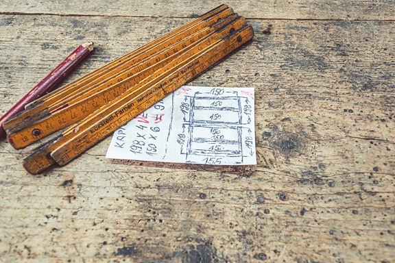 молив, метър, дървени, инструмент, инструмент ръчен, Дърводелски, хартия, скица, дървен материал, ретро