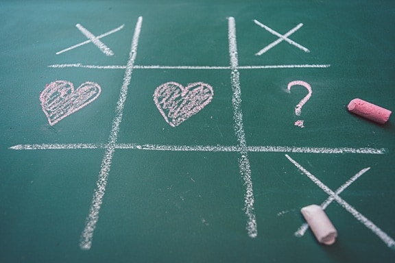 kärlek, vinna, strategi, spel, frågetecken, krita, svarta tavlan, klass, matematik, lektion