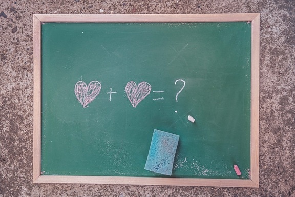 romantic, love, hearts, blackboard, mathematics, sponge, question mark, chalk, study, vintage