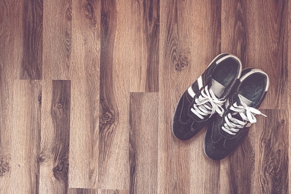 运动鞋, 经典, 黑, 鞋, 木, 地板, 地板, 硬木, 粗糙, 时尚