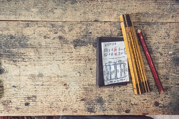 metru, notebook-uri, creion, tamplarie, birou, instrument mână, vechi, murdare, hârtie, proiectare