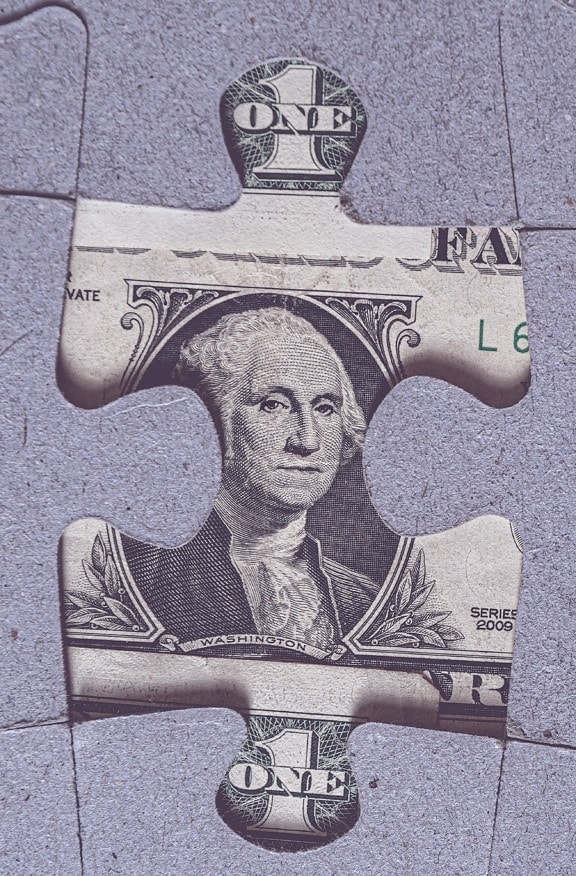 puzzle, missing one dollar, George Washington, United States 1$, vicino, valuta, inflazione, soldi, illustrazione, effetti visivi, verticale