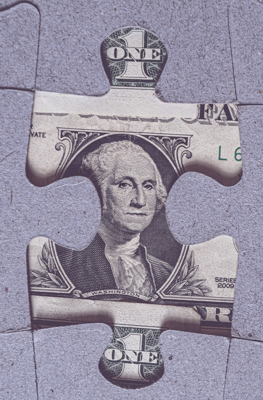 puzzle, missing one dollar, George Washington, United States 1$, close-up, currency, inflation, money, illustration