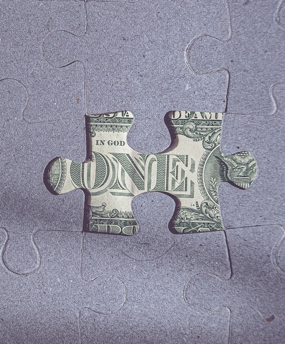 dollaro, puzzle, parte, da vicino, contanti, inflazione, economia, soldi, piano di gioco