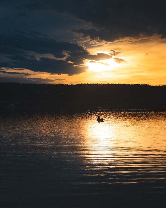 sunrise, clouds, dark, silhouette, fishing boat, landscape, dawn, water, reflection, sunset