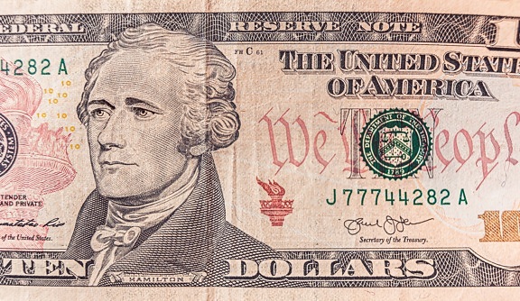 Američka novčanica od deset dolara (10 dolara), Alexander Hamilton, izbliza, detalj, novčanica, starinsko, makro, novac, ilustracija, novac